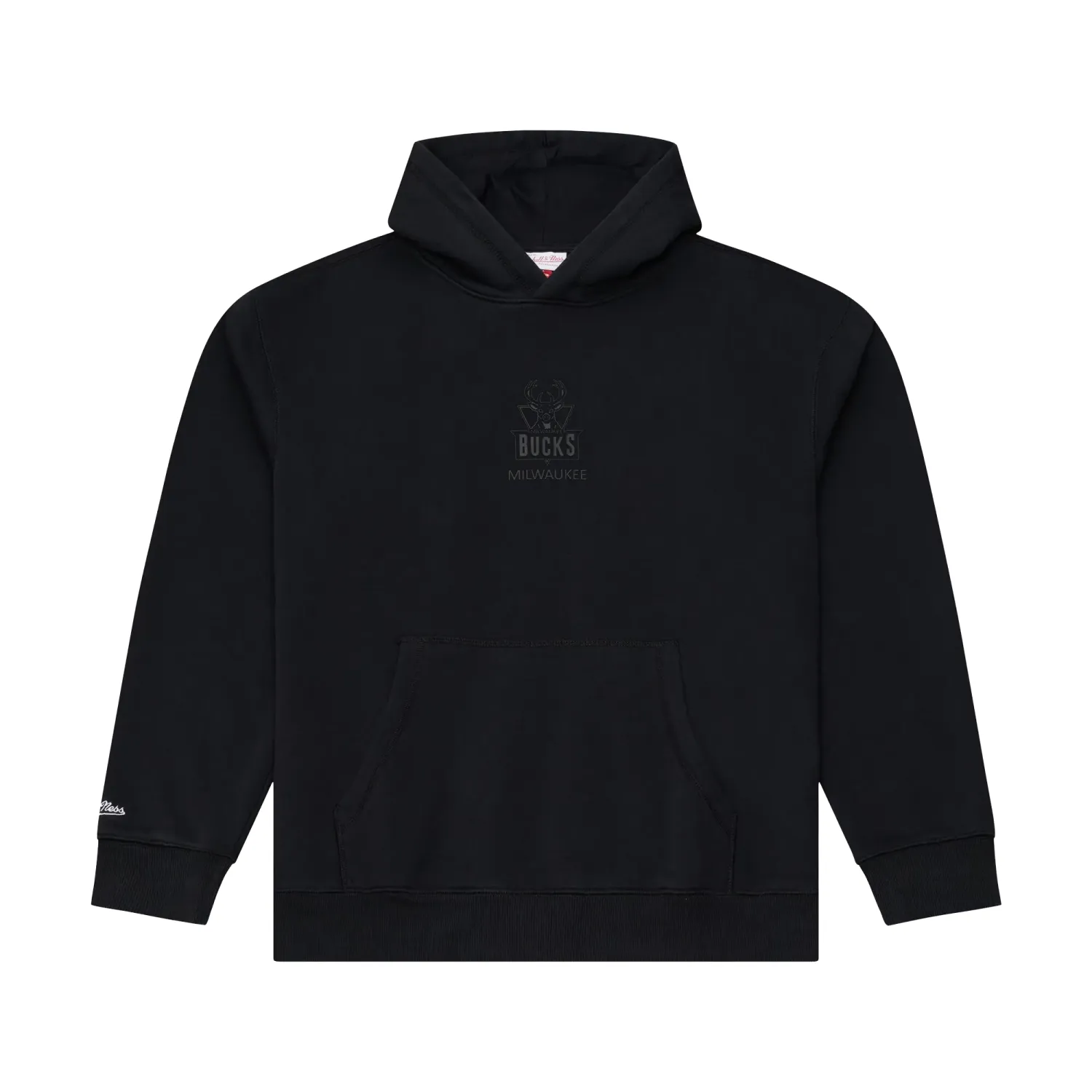Front view of black Mitchell &amp; Ness Milwaukee Bucks hoodie with tonal chest logo and pouch pocket.
