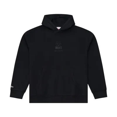 Front view of black Mitchell &amp; Ness Milwaukee Bucks hoodie with tonal chest logo and pouch pocket.