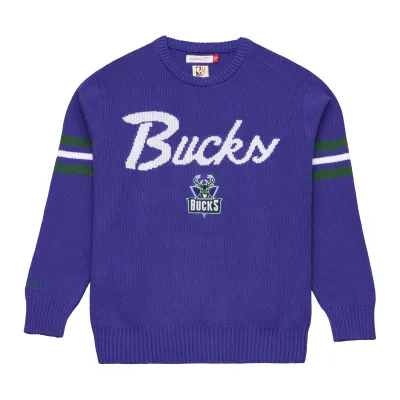 Front view of the purple Milwaukee Bucks sweater with knit script, embroidered logo and striped sleeves.