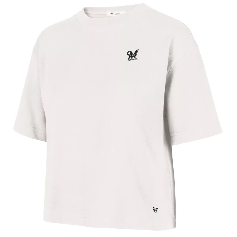 Front view of Sandstone ’47 Brand Brewers women’s Leon crop tee with a raised black team logo at the left chest.