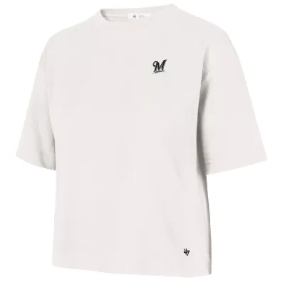 Front view of Sandstone ’47 Brand Brewers women’s Leon crop tee with a raised black team logo at the left chest.