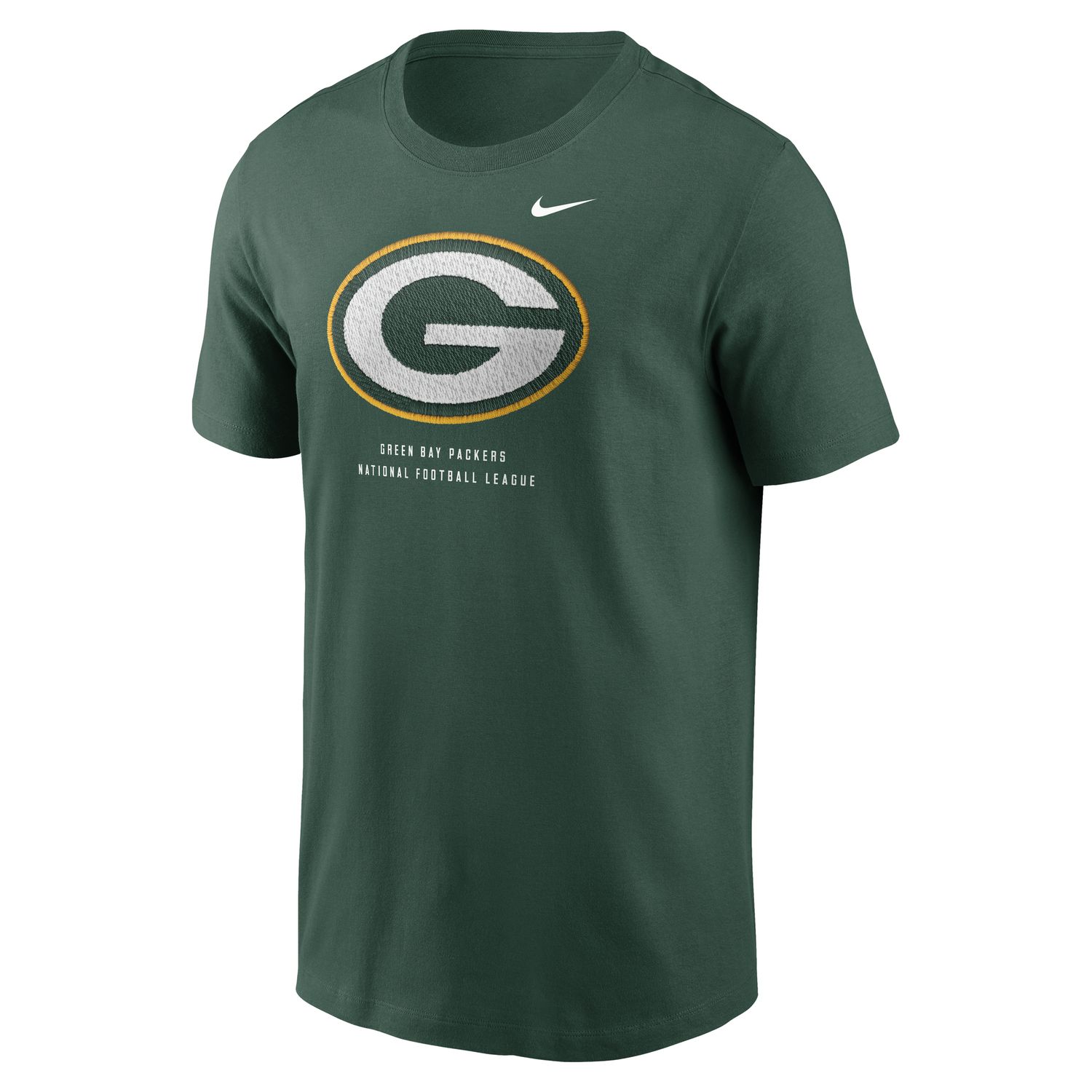 Front view of Nike Green Bay Packers green tee with large G logo, team lettering and white Nike Swoosh.