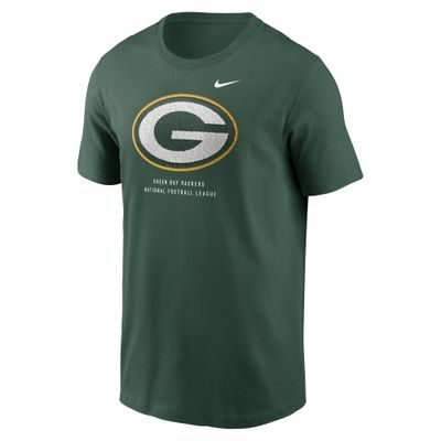 Front view of Nike Green Bay Packers green tee with large G logo, team lettering and white Nike Swoosh.