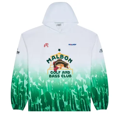 Front product view of the Malbon Sponsors Pullover with Golf &amp; Bass Club artwork and green gradient camo.