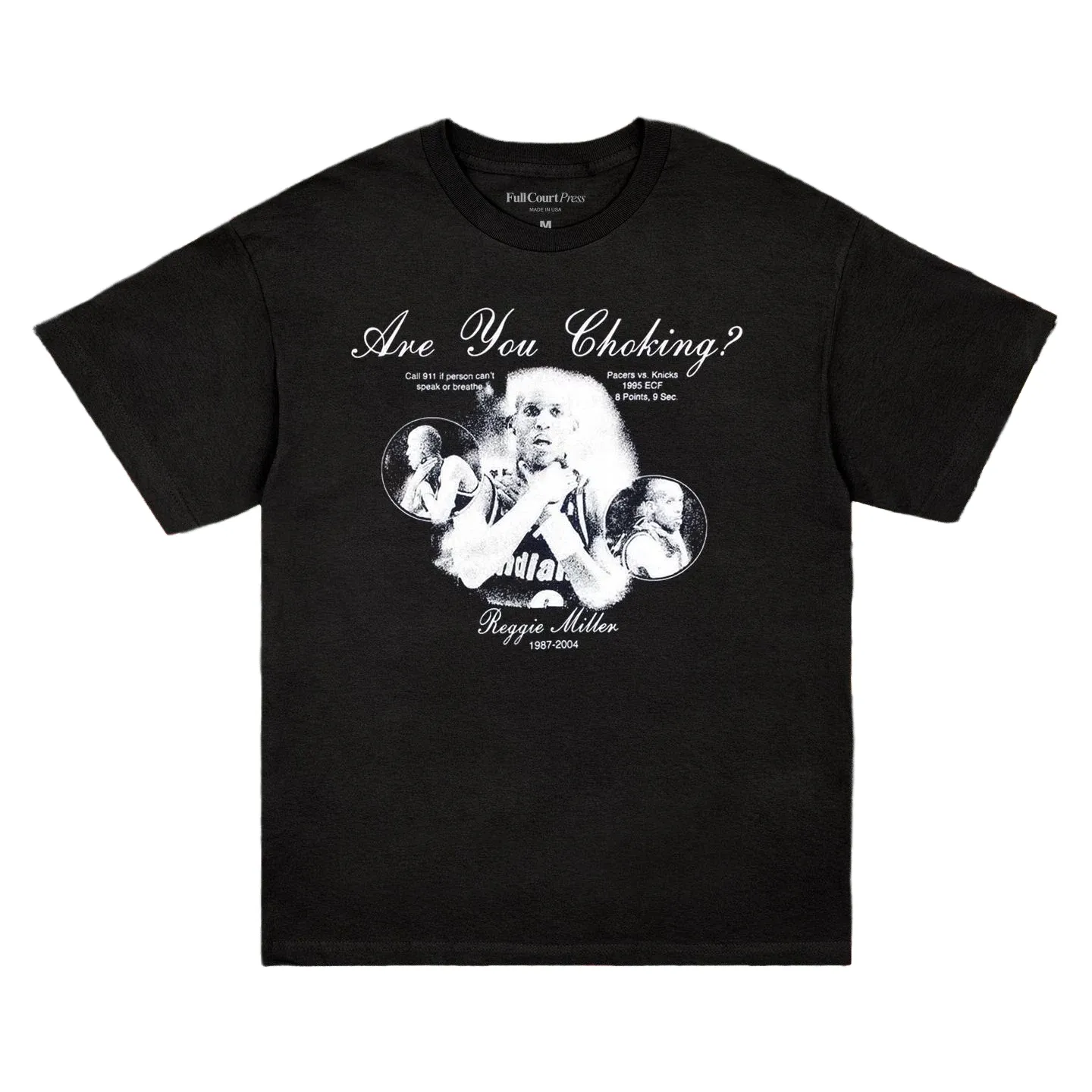 Black Full Court Press Reggie Miller tee with a monochrome collage, choke gesture and “Are You Choking?” text.