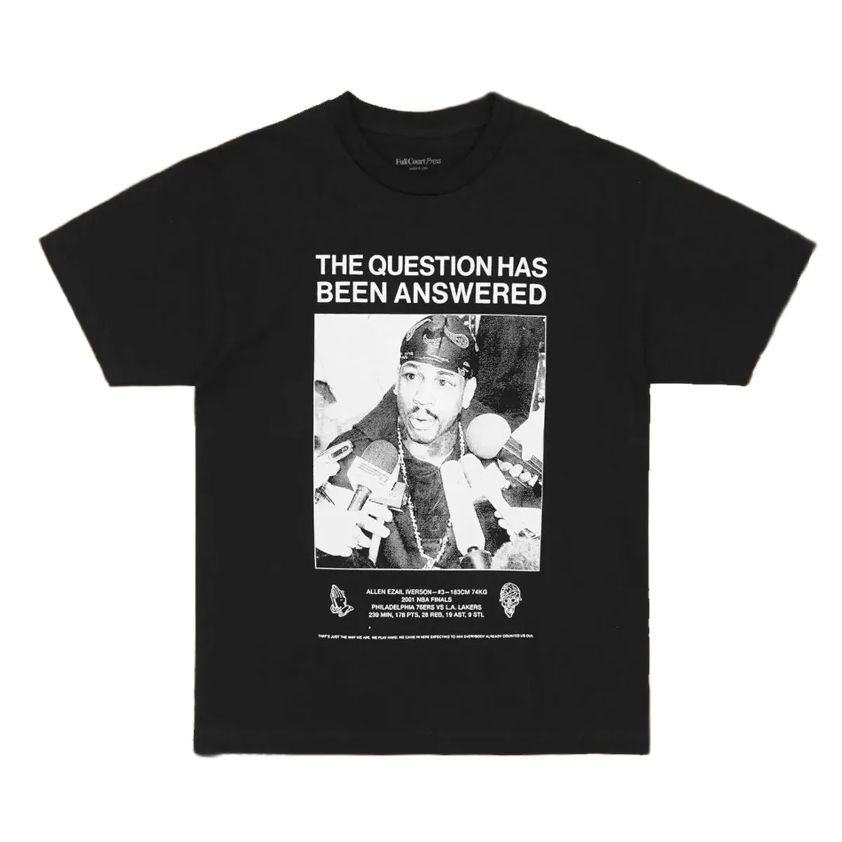 Black Full Court Press The Answer tee with an Allen Iverson press-conference photo and bold white headline.