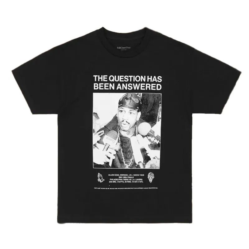 Black Full Court Press The Answer tee with an Allen Iverson press-conference photo and bold white headline.