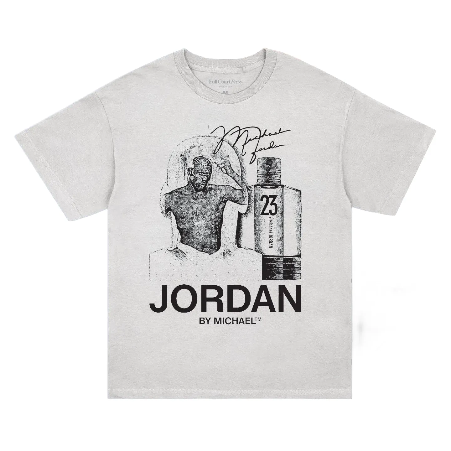 Front view of the white Full Court Press tee with Michael Jordan portrait, No. 23 bottle and signature artwork.