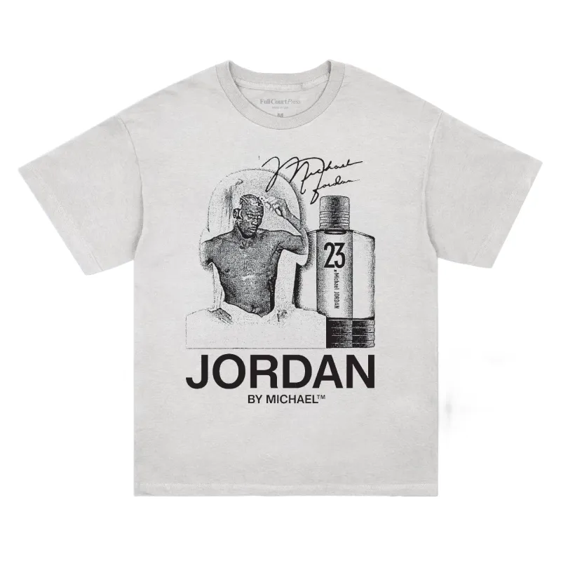 Front view of the white Full Court Press tee with Michael Jordan portrait, No. 23 bottle and signature artwork.