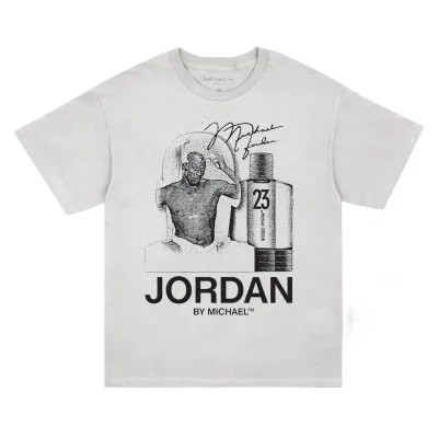 Front view of the white Full Court Press tee with Michael Jordan portrait, No. 23 bottle and signature artwork.