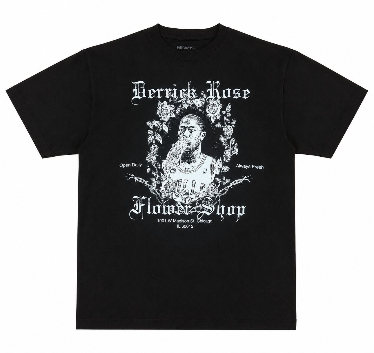 Black Full Court Press Rose Flower Shop tee with Derrick Rose portrait, floral artwork and gothic white lettering.