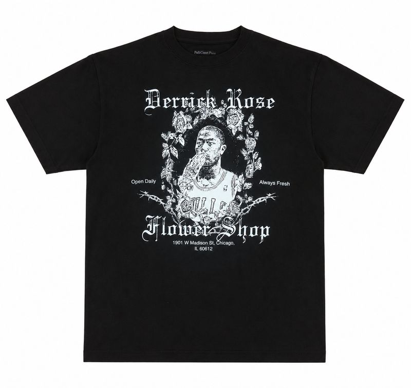 Black Full Court Press Rose Flower Shop tee with Derrick Rose portrait, floral artwork and gothic white lettering.