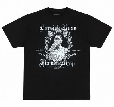 Black Full Court Press Rose Flower Shop tee with Derrick Rose portrait, floral artwork and gothic white lettering.