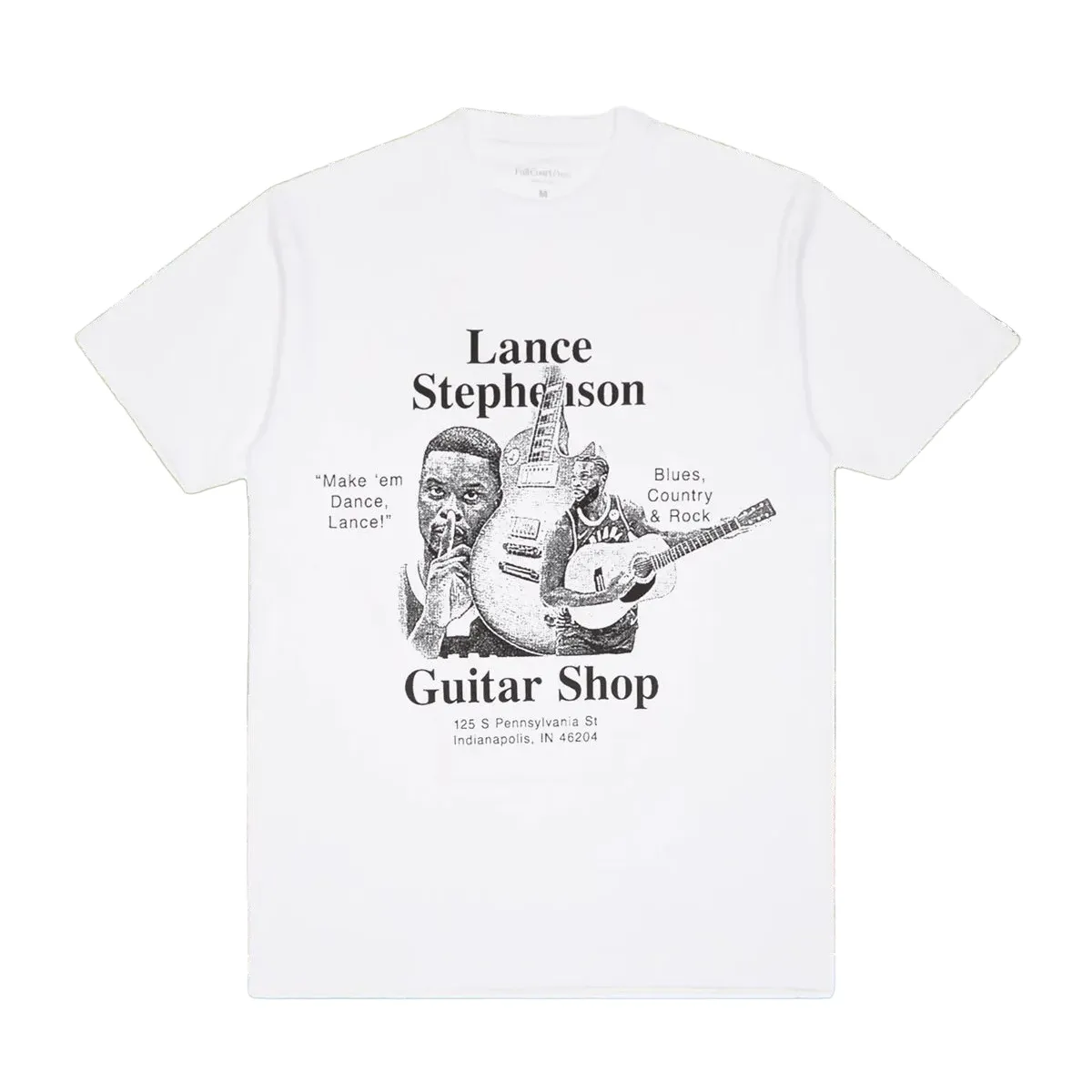 White Full Court Press Stephenson tee with Lance Stephenson portraits, guitar artwork and vintage shop typography.