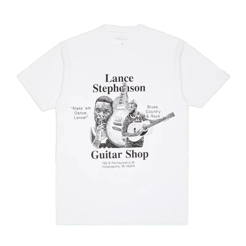 White Full Court Press Stephenson tee with Lance Stephenson portraits, guitar artwork and vintage shop typography.