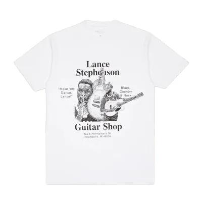 White Full Court Press Stephenson tee with Lance Stephenson portraits, guitar artwork and vintage shop typography.