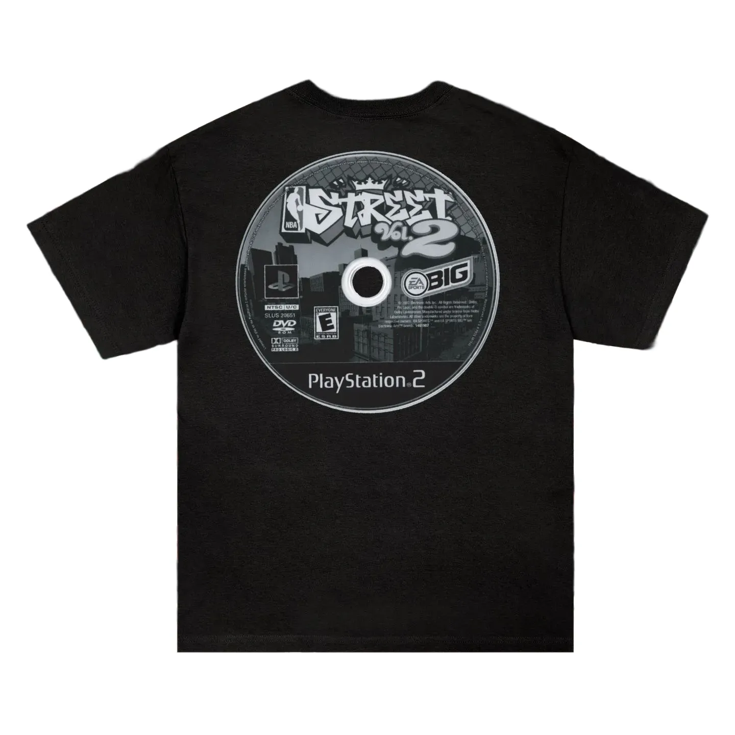 Back of the black Full Court Press Street Vol. 2 tee with an oversized NBA Street PlayStation 2 disc graphic.