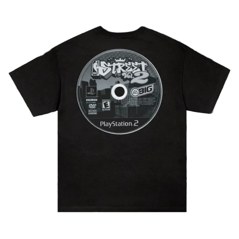Back of the black Full Court Press Street Vol. 2 tee with an oversized NBA Street PlayStation 2 disc graphic.