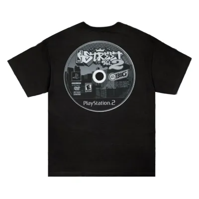 Back of the black Full Court Press Street Vol. 2 tee with an oversized NBA Street PlayStation 2 disc graphic.