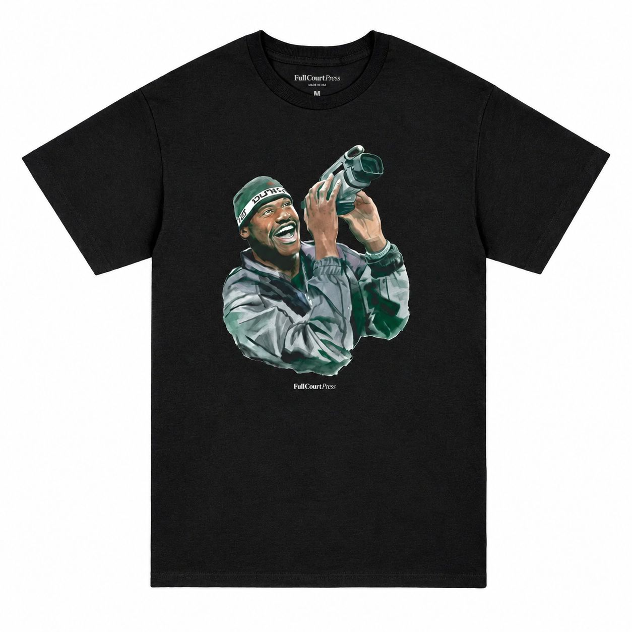 Front of the black Full Court Press Handycam tee with colorful artwork of Shaq smiling while filming with a camcorder.