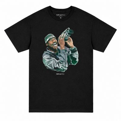 Front of the black Full Court Press Handycam tee with colorful artwork of Shaq smiling while filming with a camcorder.