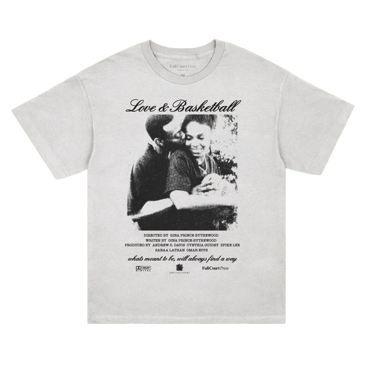 White Full Court Press Sanaa and Omar tee with a monochrome Love &amp; Basketball poster-inspired front graphic.