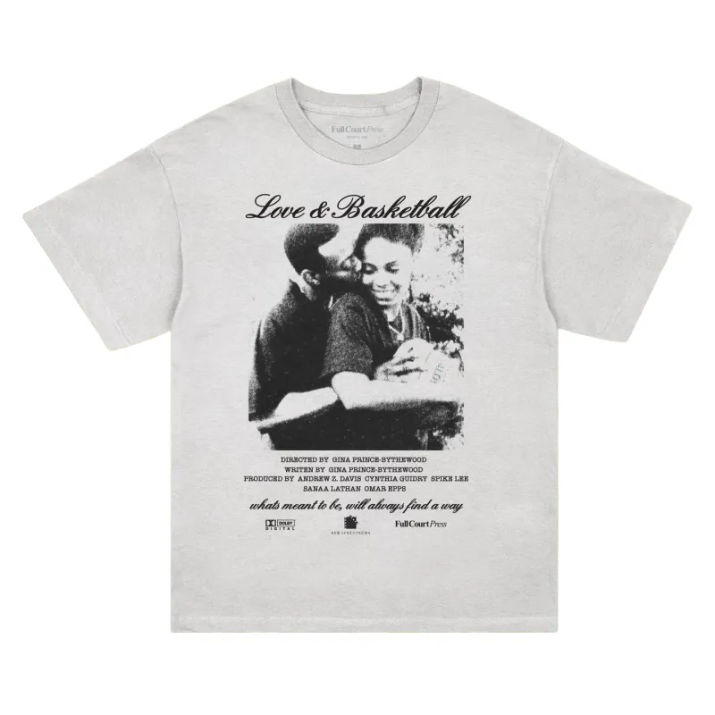White Full Court Press Sanaa and Omar tee with a monochrome Love &amp; Basketball poster-inspired front graphic.