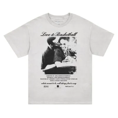 White Full Court Press Sanaa and Omar tee with a monochrome Love &amp; Basketball poster-inspired front graphic.