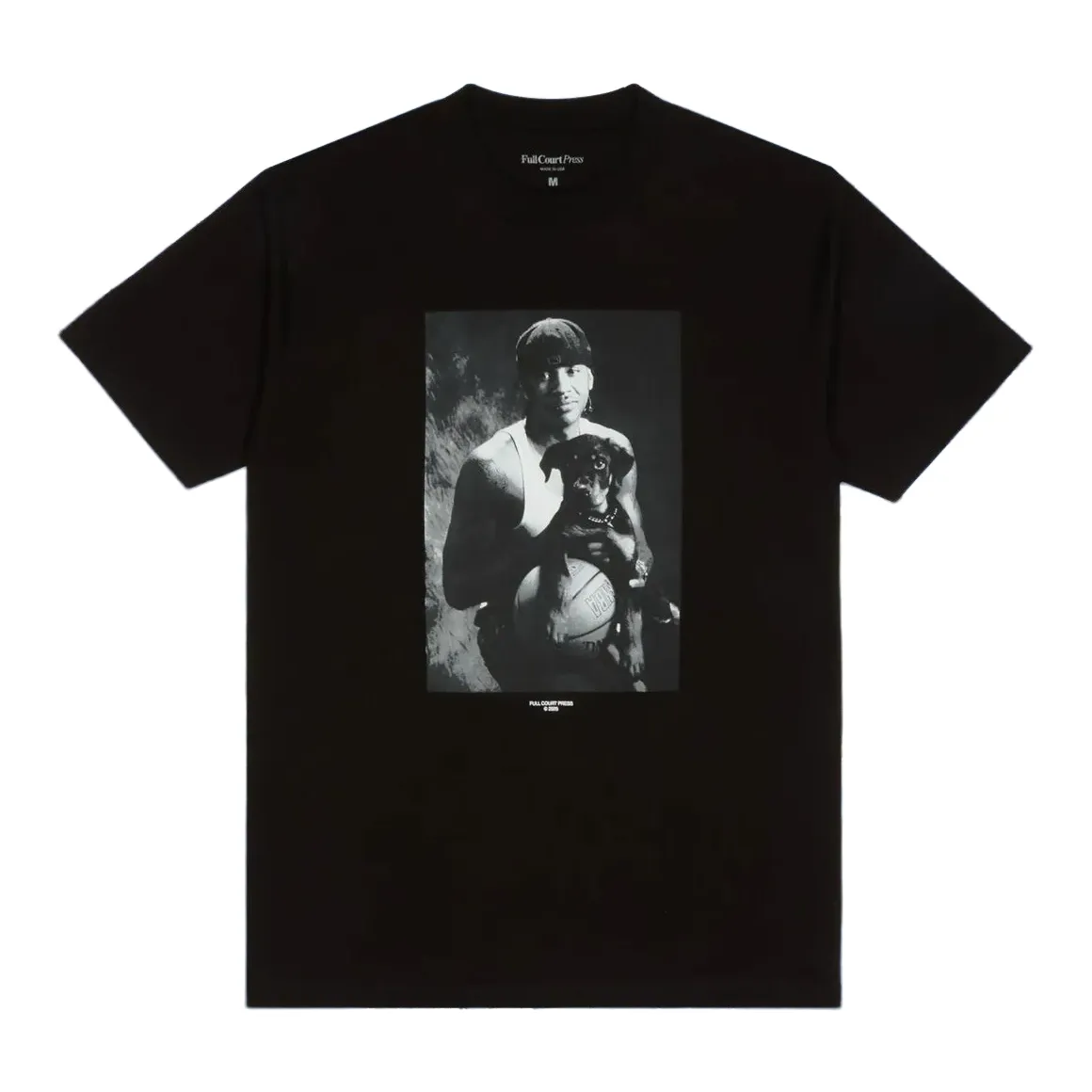 Black Full Court Press Anthony tee with a monochrome portrait of young Carmelo Anthony holding a puppy over a basketball.