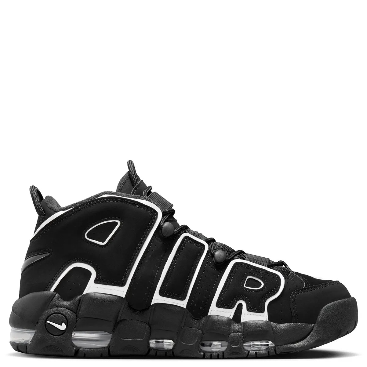 Medial side view of Nike Air More Uptempo ’96 in black and white with large AIR lettering and visible cushioning.
