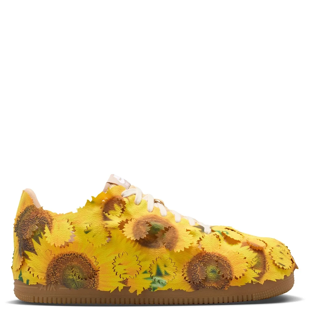 Medial view of Nike Air Force 1 '07 LX Sunflower showing dimensional floral overlays and gum rubber sole.