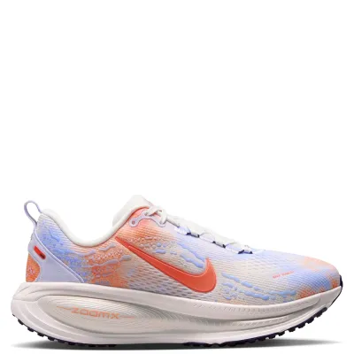 Medial view of Nike Women's Vomero 18 showing colorful engineered mesh, Hyper Crimson Swoosh and ZoomX branding.