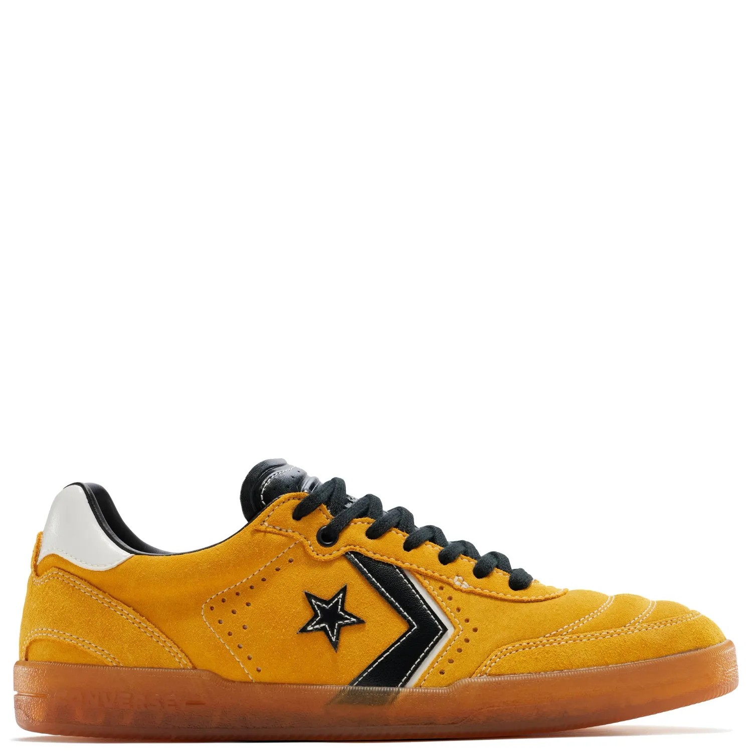 Side view of Converse Louie Lopez Pro 2 yellow suede shoe with black Star Chevron branding and gum sole.