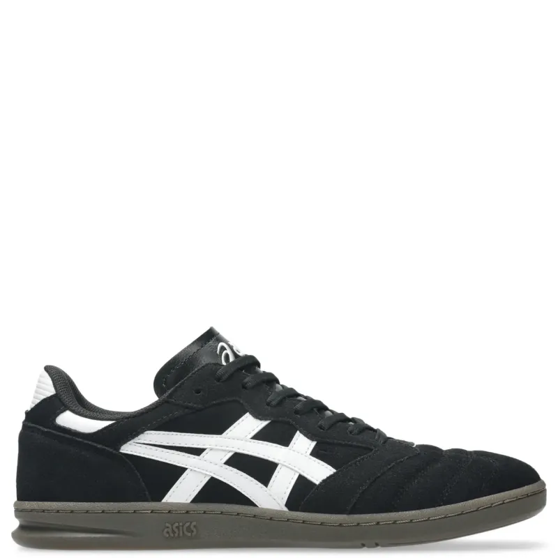 Opposite side view of ASICS LEGGEREZZA ST showing black suede, white ASICS stripes and ribbed forefoot details.