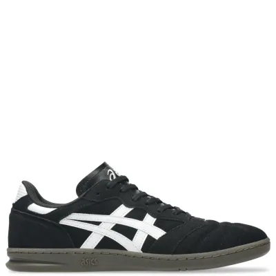 Opposite side view of ASICS LEGGEREZZA ST showing black suede, white ASICS stripes and ribbed forefoot details.
