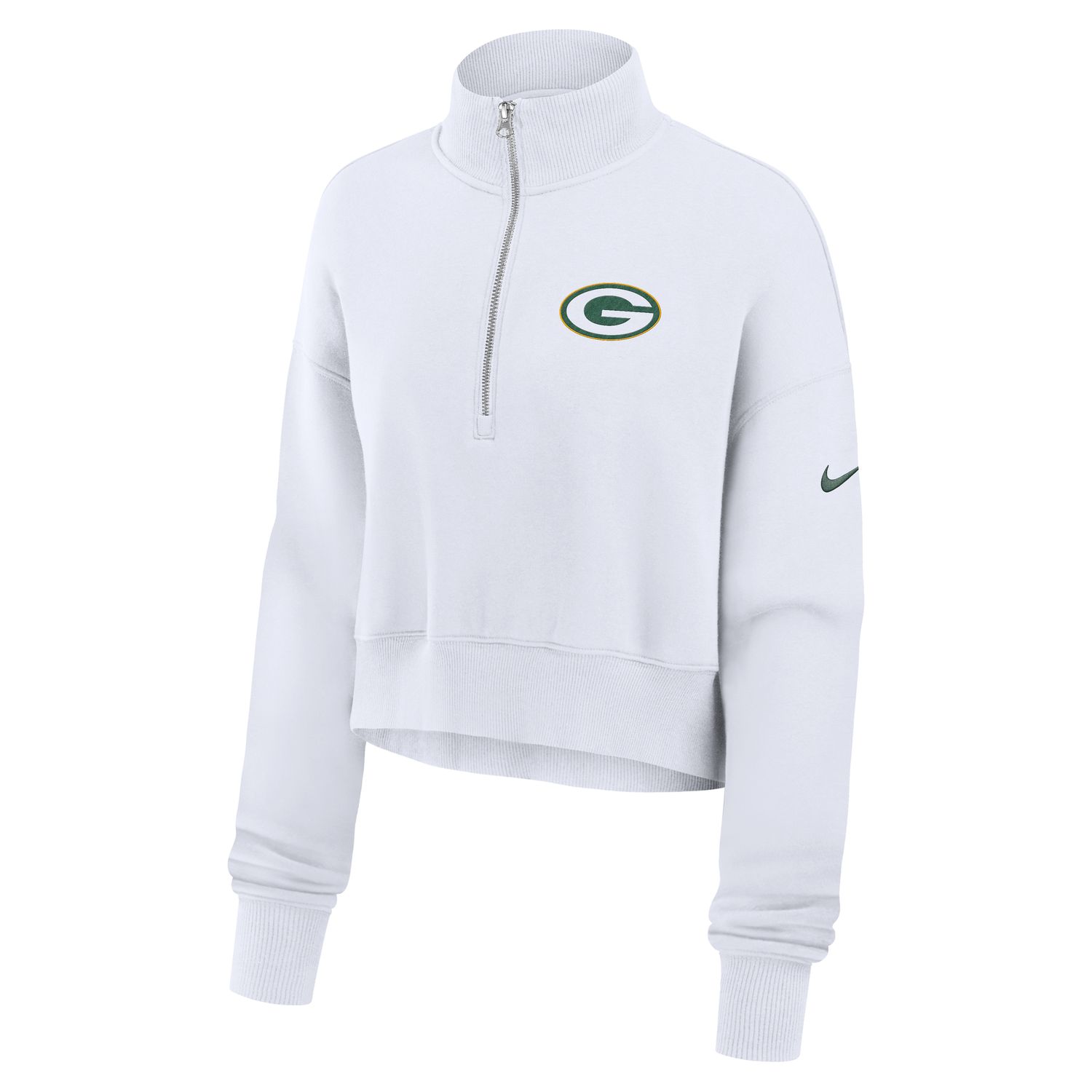 Front view of white Nike Packers women's Phoenix cropped quarter-zip with G logo and Nike Swoosh.