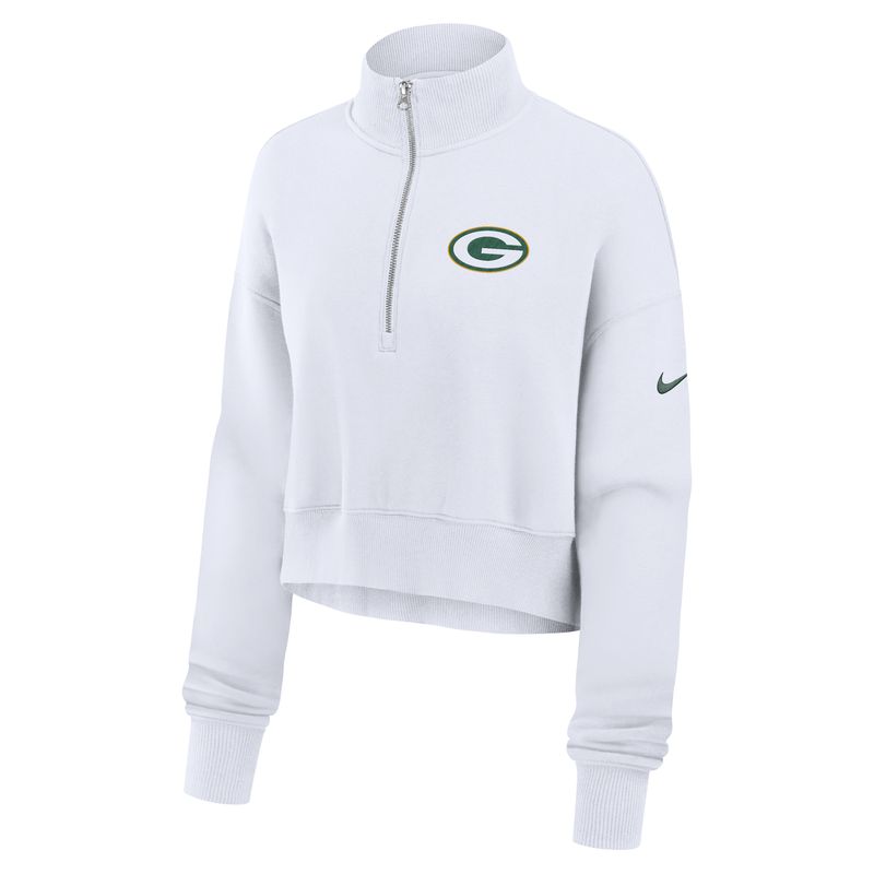 Front view of white Nike Packers women's Phoenix cropped quarter-zip with G logo and Nike Swoosh.