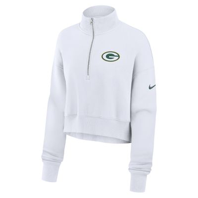Front view of white Nike Packers women's Phoenix cropped quarter-zip with G logo and Nike Swoosh.