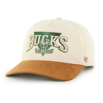Angled front view of natural ’47 Bucks hat with embroidered triangle graphic, tan suede visor and side logo.