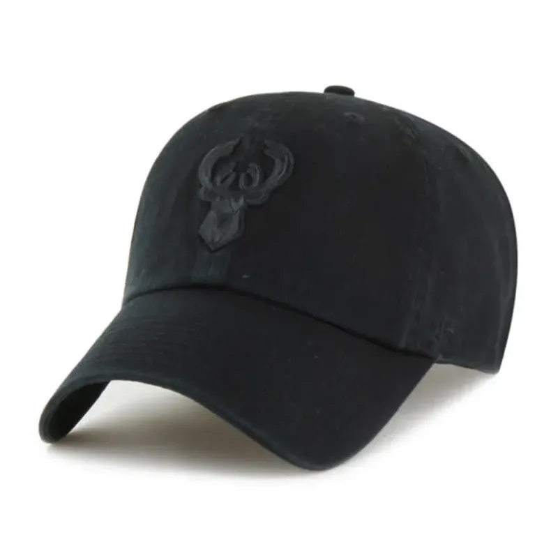 Angled front view of black ’47 Milwaukee Bucks Clean Up Hat with tonal raised deer logo and curved visor.