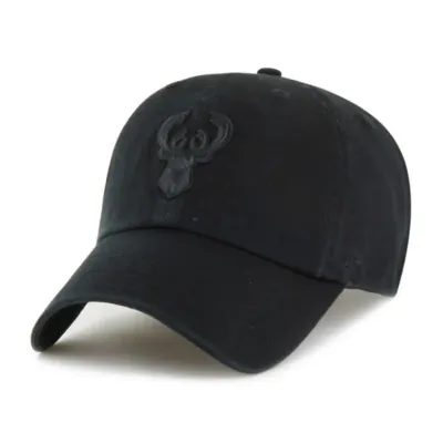 Angled front view of black ’47 Milwaukee Bucks Clean Up Hat with tonal raised deer logo and curved visor.