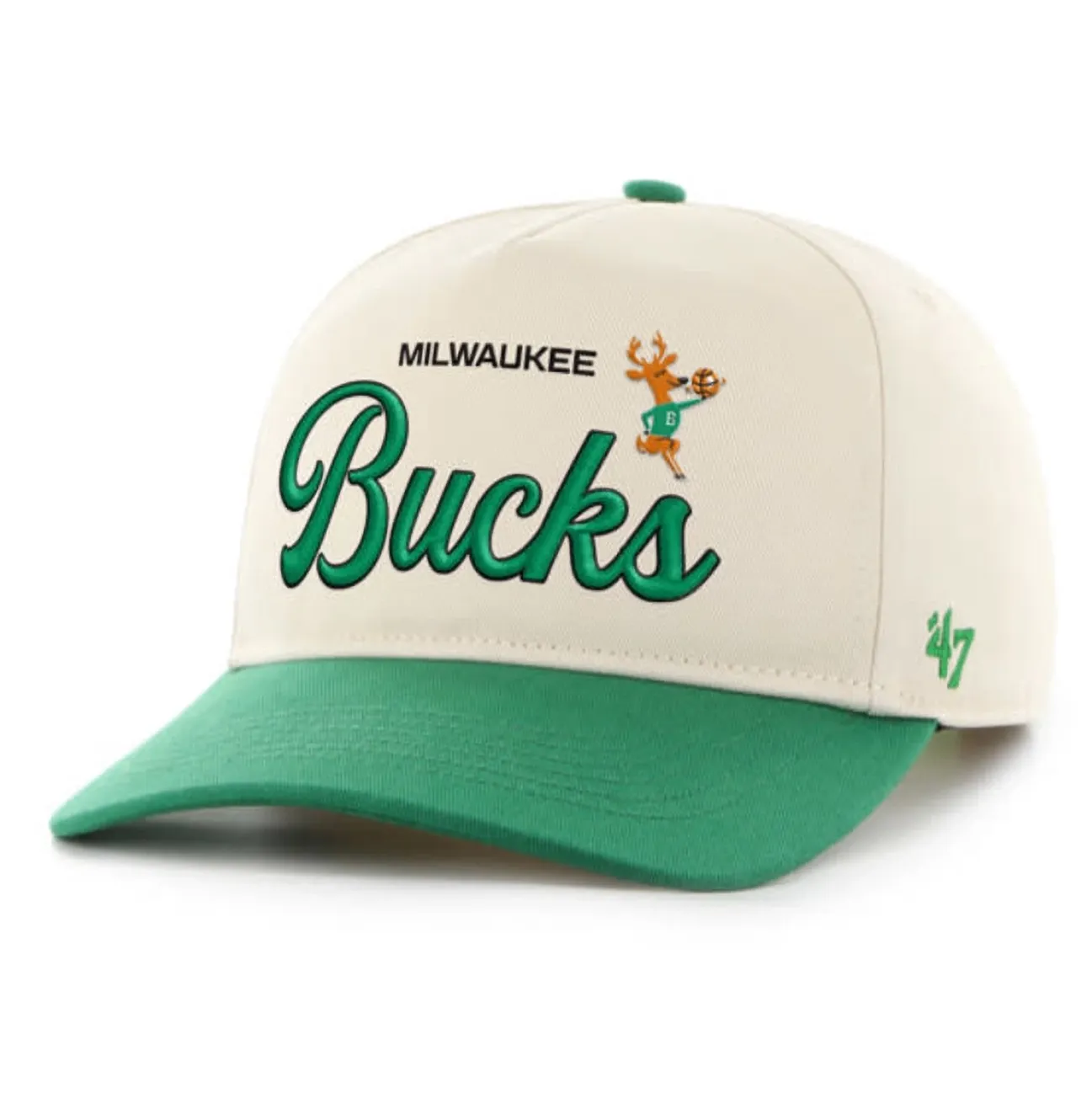 Angled front view of natural ’47 Bucks hat with green script, dribbling deer graphic and green curved visor.
