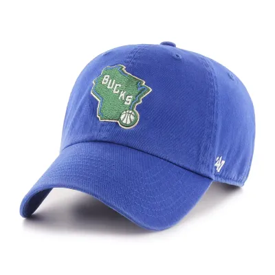 Blue ’47 Milwaukee Bucks Clean Up hat with embroidered Wisconsin state logo, front view