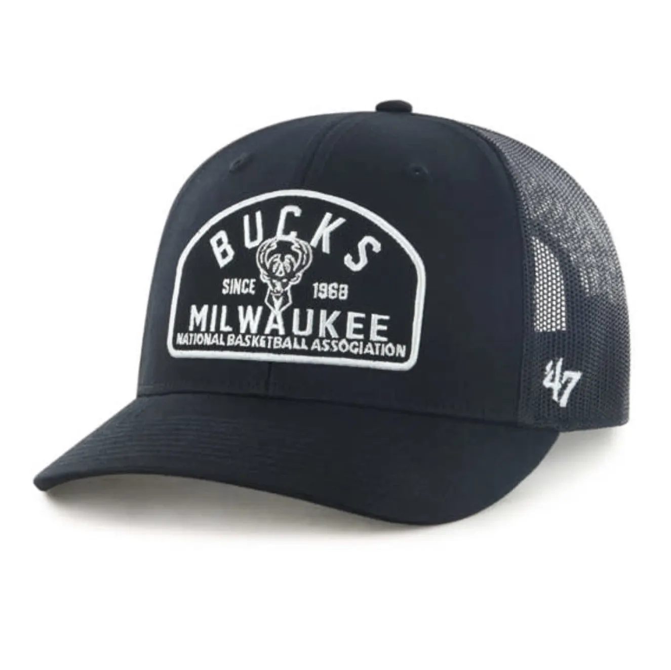 Angled front view of black ’47 Bucks Leland Trucker Hat with raised white team graphic and mesh back.