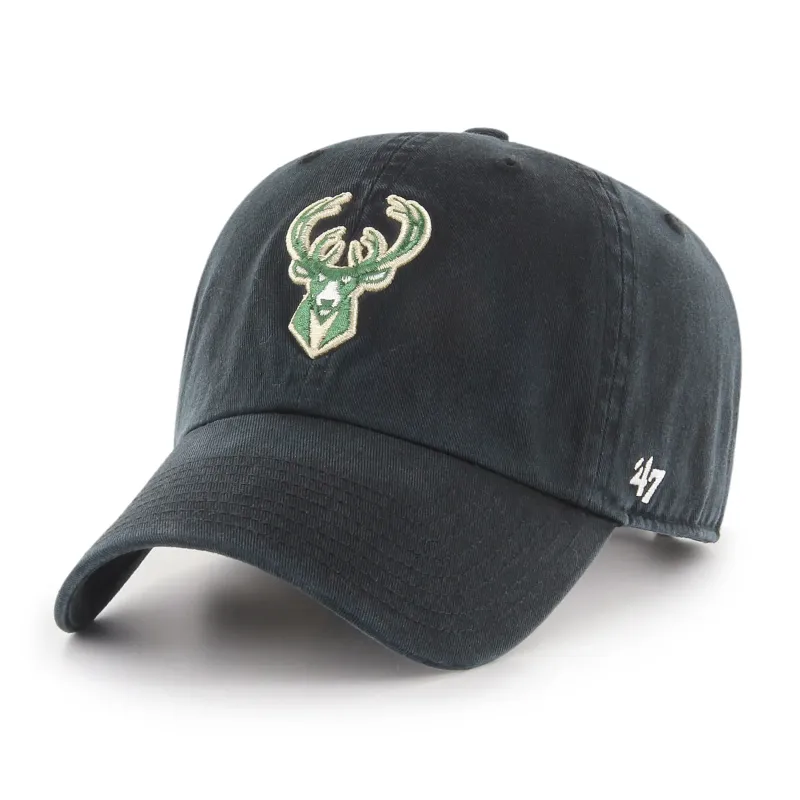 Black ’47 Milwaukee Bucks Clean Up Hat with raised green team logo, curved visor and adjustable strapback.