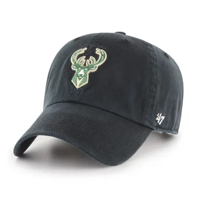 Black ’47 Milwaukee Bucks Clean Up Hat with raised green team logo, curved visor and adjustable strapback.