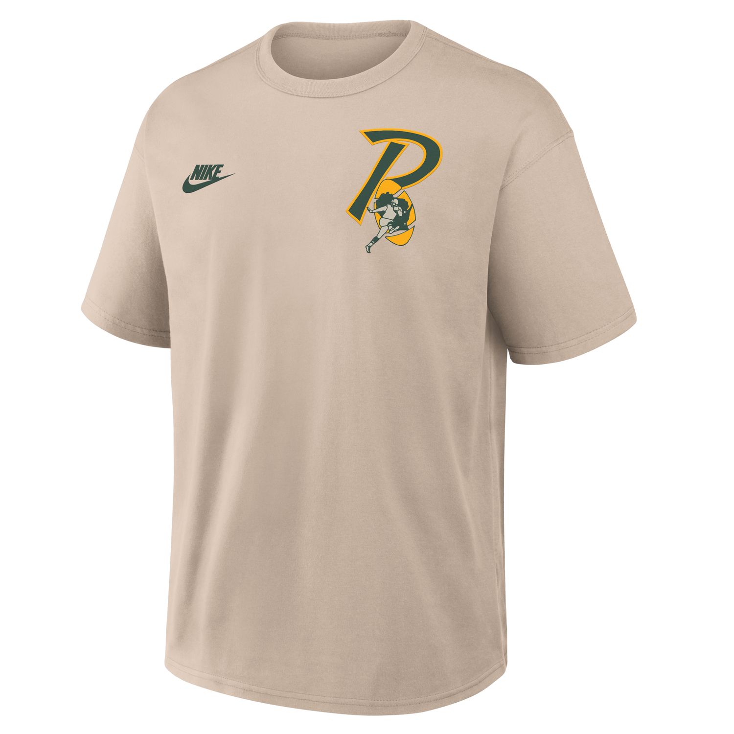 Front view of Desert Sand Nike Packers Max90 tee with Nike logo and vintage-inspired Packers chest graphic.