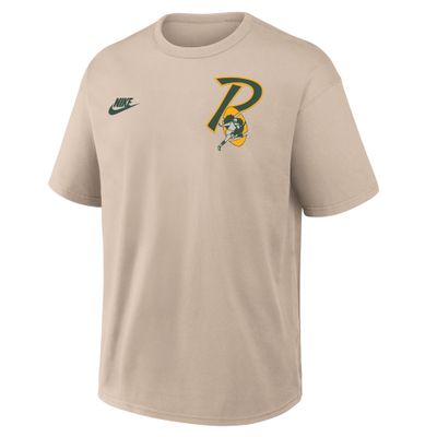 Front view of Desert Sand Nike Packers Max90 tee with Nike logo and vintage-inspired Packers chest graphic.