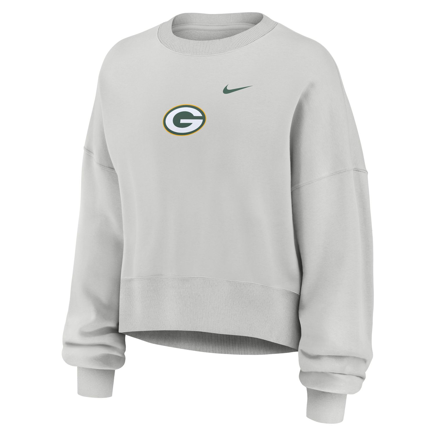 Front view of Nike women's Packers Phoenix crewneck in Photon Dust with team logo and green Nike Swoosh.