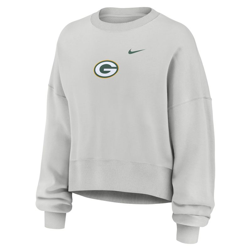 Front view of Nike women's Packers Phoenix crewneck in Photon Dust with team logo and green Nike Swoosh.